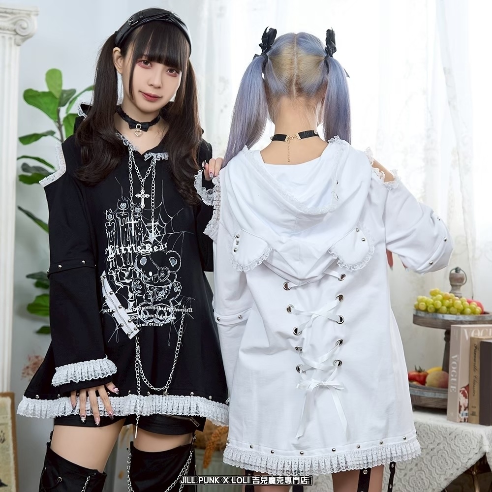 Jillpunk可愛いパンク 原宿系 クール感 司書熊さん フリル レースヘム コルセットピアス オフショルダー肩出し 取り外し可能な袖 2waý熊耳パーカー オリジナル メンズ レディーズ おしゃれ 男女兼用 ファッション