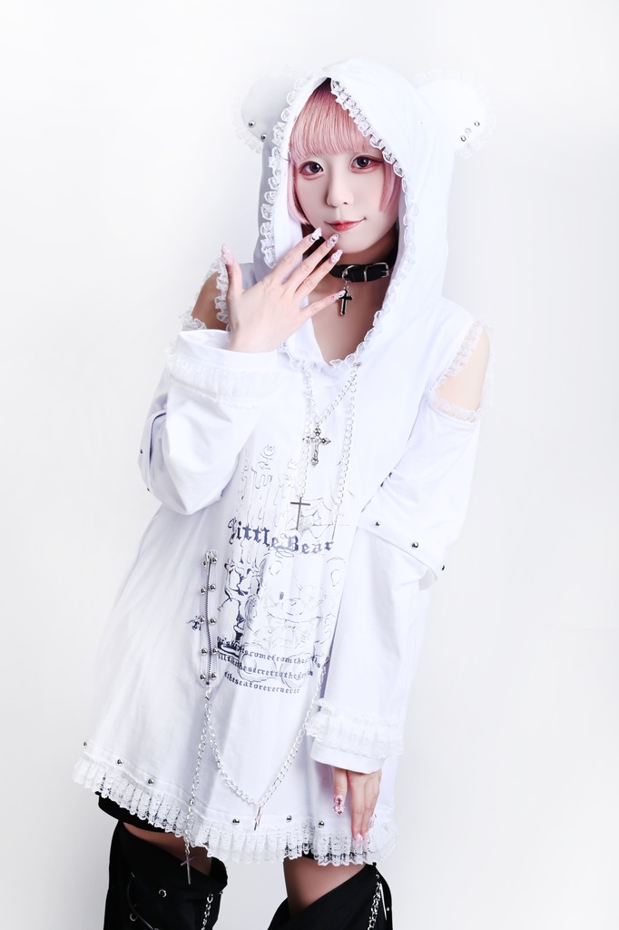 Jillpunk可愛いパンク 原宿系 クール感 司書熊さん フリル レースヘム コルセットピアス オフショルダー肩出し 取り外し可能な袖 2waý熊耳パーカー オリジナル メンズ レディーズ おしゃれ 男女兼用 ファッション