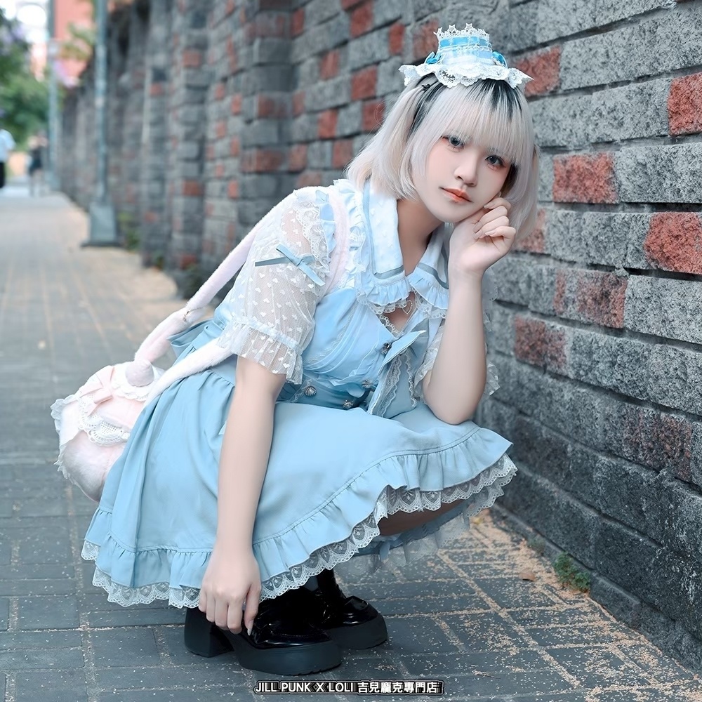 Jillpunk 量産型 ゆめかわ ロリータ アイドル恋心 ハート柄レース リボン付き キーホール 重ね着風 メイド服 フリルヘム 透け透け半袖 シャツワンピースドレス オリジナル 姫系 可愛い おしゃれ ファッション萌え 秋葉原