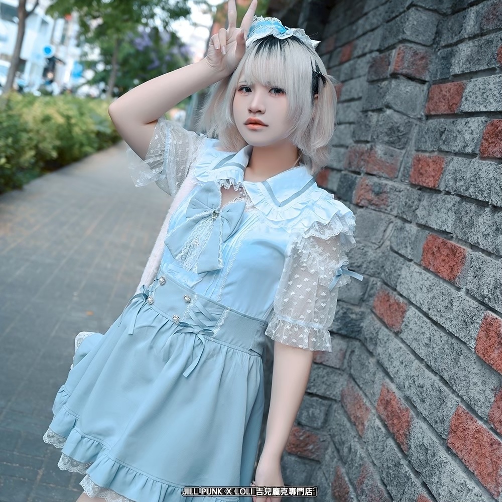 Jillpunk 量産型 ゆめかわ ロリータ アイドル恋心 ハート柄レース リボン付き キーホール 重ね着風 メイド服 フリルヘム 透け透け半袖 シャツワンピースドレス オリジナル 姫系 可愛い おしゃれ ファッション萌え 秋葉原