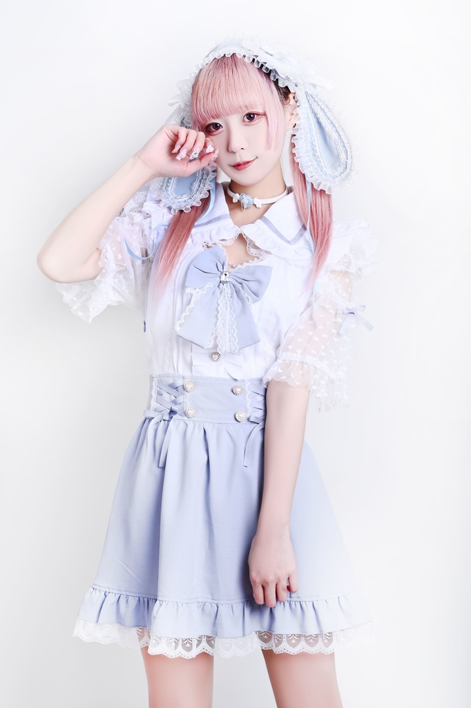 Jillpunk 量産型 ゆめかわ ロリータ アイドル恋心 ハート柄レース リボン付き キーホール 重ね着風 メイド服 フリルヘム 透け透け半袖 シャツワンピースドレス オリジナル 姫系 可愛い おしゃれ ファッション萌え 秋葉原