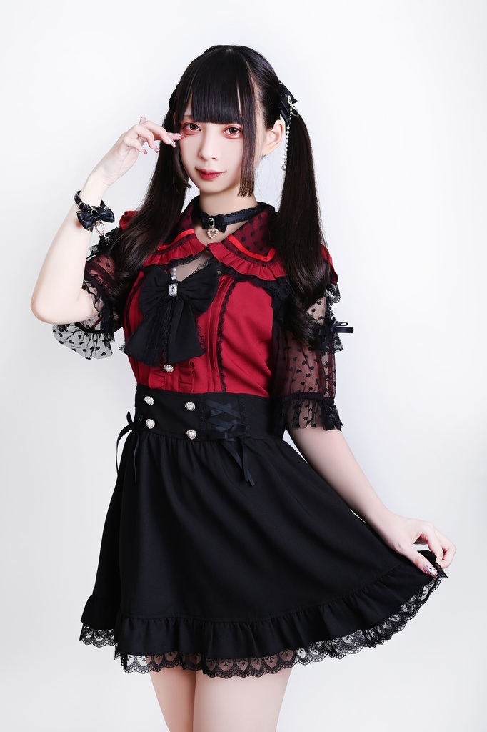 Jillpunk 量産型 ゆめかわ ロリータ アイドル恋心 ハート柄レース リボン付き キーホール 重ね着風 メイド服 フリルヘム 透け透け半袖 シャツワンピースドレス オリジナル 姫系 可愛い おしゃれ ファッション萌え 秋葉原