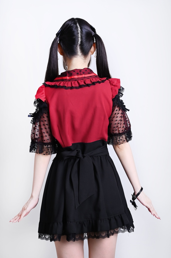 Jillpunk 量産型 ゆめかわ ロリータ アイドル恋心 ハート柄レース リボン付き キーホール 重ね着風 メイド服 フリルヘム 透け透け半袖 シャツワンピースドレス オリジナル 姫系 可愛い おしゃれ ファッション萌え 秋葉原