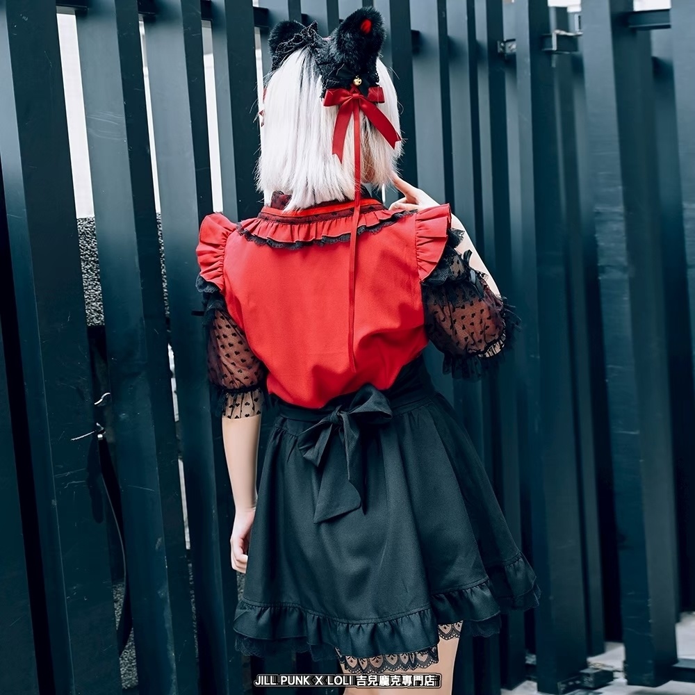 Jillpunk 量産型 ゆめかわ ロリータ アイドル恋心 ハート柄レース リボン付き キーホール 重ね着風 メイド服 フリルヘム 透け透け半袖 シャツワンピースドレス オリジナル 姫系 可愛い おしゃれ ファッション萌え 秋葉原