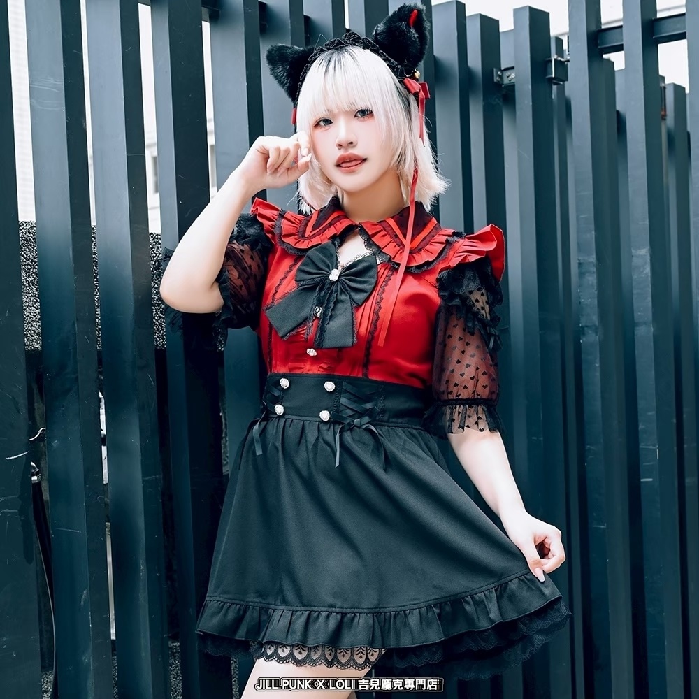 Jillpunk 量産型 ゆめかわ ロリータ アイドル恋心 ハート柄レース リボン付き キーホール 重ね着風 メイド服 フリルヘム 透け透け半袖 シャツワンピースドレス オリジナル 姫系 可愛い おしゃれ ファッション萌え 秋葉原