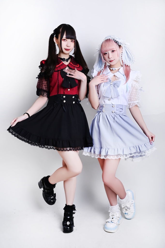 Jillpunk 量産型 ゆめかわ ロリータ アイドル恋心 ハート柄レース リボン付き キーホール 重ね着風 メイド服 フリルヘム 透け透け半袖 シャツワンピースドレス オリジナル 姫系 可愛い おしゃれ ファッション萌え 秋葉原