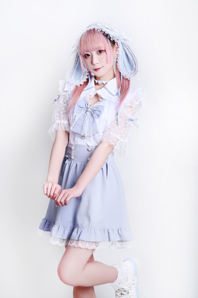 Jillpunk 量産型 ゆめかわ ロリータ アイドル恋心 ハート柄レース リボン付き キーホール 重ね着風 メイド服 フリルヘム 透け透け半袖 シャツワンピースドレス オリジナル 姫系 可愛い おしゃれ ファッション萌え 秋葉原