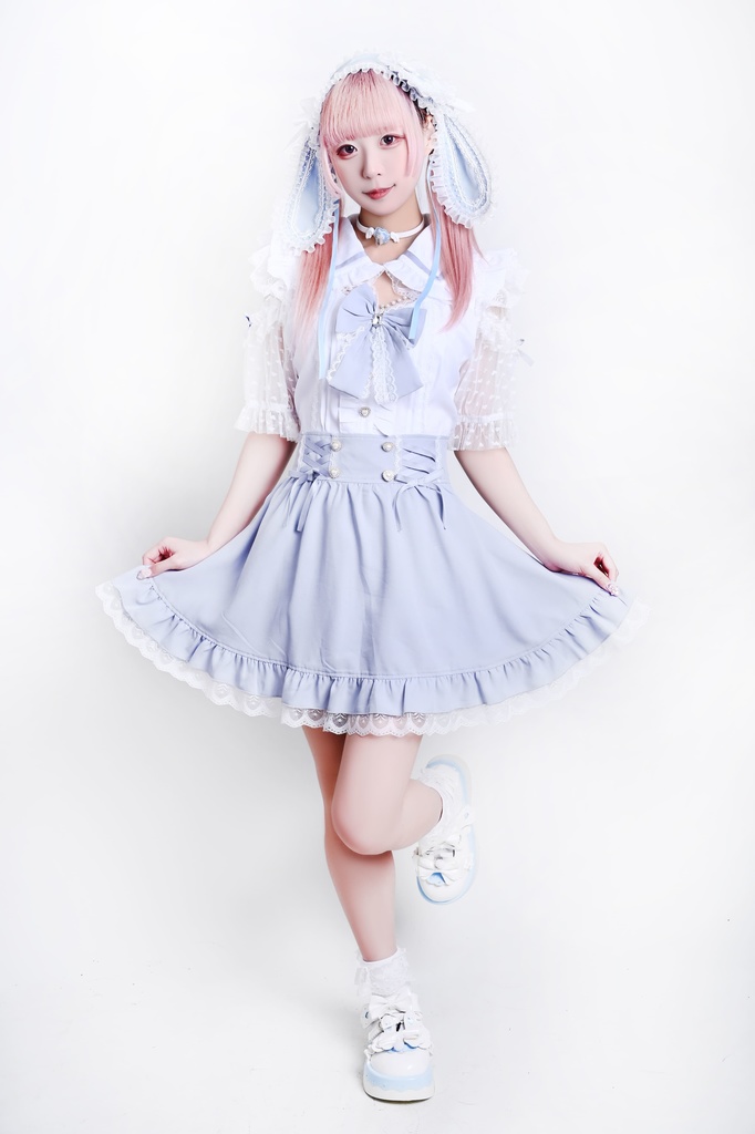 Jillpunk 量産型 ゆめかわ ロリータ アイドル恋心 ハート柄レース リボン付き キーホール 重ね着風 メイド服 フリルヘム 透け透け半袖 シャツワンピースドレス オリジナル 姫系 可愛い おしゃれ ファッション萌え 秋葉原