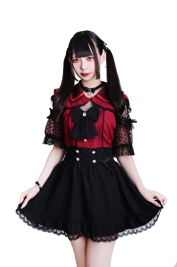 Jillpunk 量産型 ゆめかわ ロリータ アイドル恋心 ハート柄レース リボン付き キーホール 重ね着風 メイド服 フリルヘム 透け透け半袖 シャツワンピースドレス オリジナル 姫系 可愛い おしゃれ ファッション萌え 秋葉原