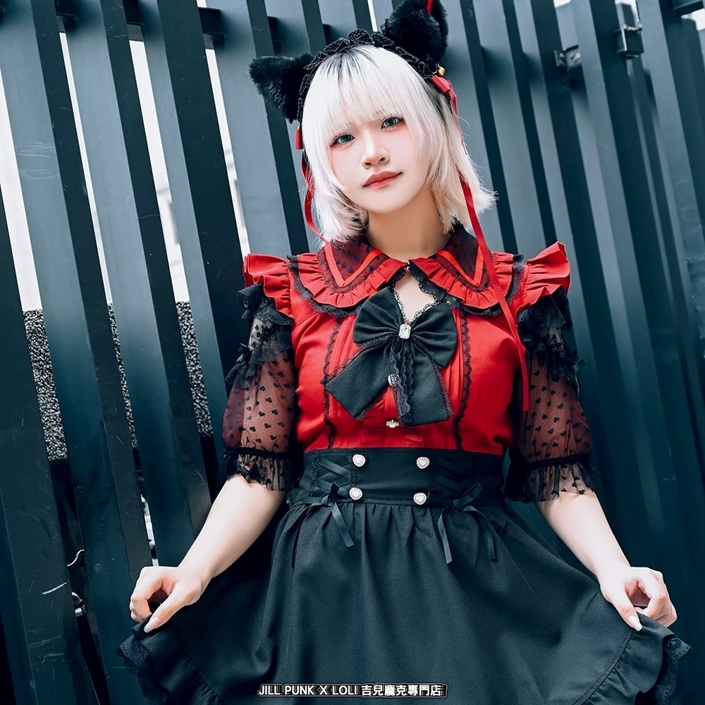 Jillpunk 量産型 ゆめかわ ロリータ アイドル恋心 ハート柄レース リボン付き キーホール 重ね着風 メイド服 フリルヘム 透け透け半袖 シャツワンピースドレス オリジナル 姫系 可愛い おしゃれ ファッション萌え 秋葉原