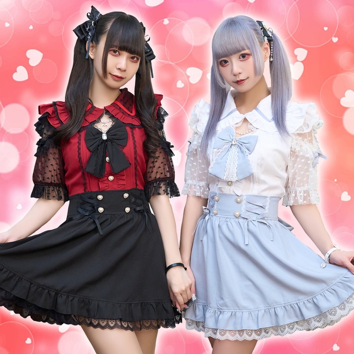 Jillpunk 量産型 ゆめかわ ロリータ アイドル恋心 ハート柄レース リボン付き キーホール 重ね着風 メイド服 フリルヘム 透け透け半袖 シャツワンピースドレス オリジナル 姫系 可愛い おしゃれ ファッション萌え 秋葉原
