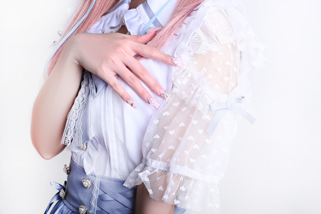 Jillpunk 量産型 ゆめかわ ロリータ アイドル恋心 ハート柄レース リボン付き キーホール 重ね着風 メイド服 フリルヘム 透け透け半袖 シャツワンピースドレス オリジナル 姫系 可愛い おしゃれ ファッション萌え 秋葉原