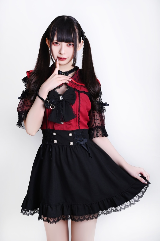 Jillpunk 量産型 ゆめかわ ロリータ アイドル恋心 ハート柄レース リボン付き キーホール 重ね着風 メイド服 フリルヘム 透け透け半袖 シャツワンピースドレス オリジナル 姫系 可愛い おしゃれ ファッション萌え 秋葉原