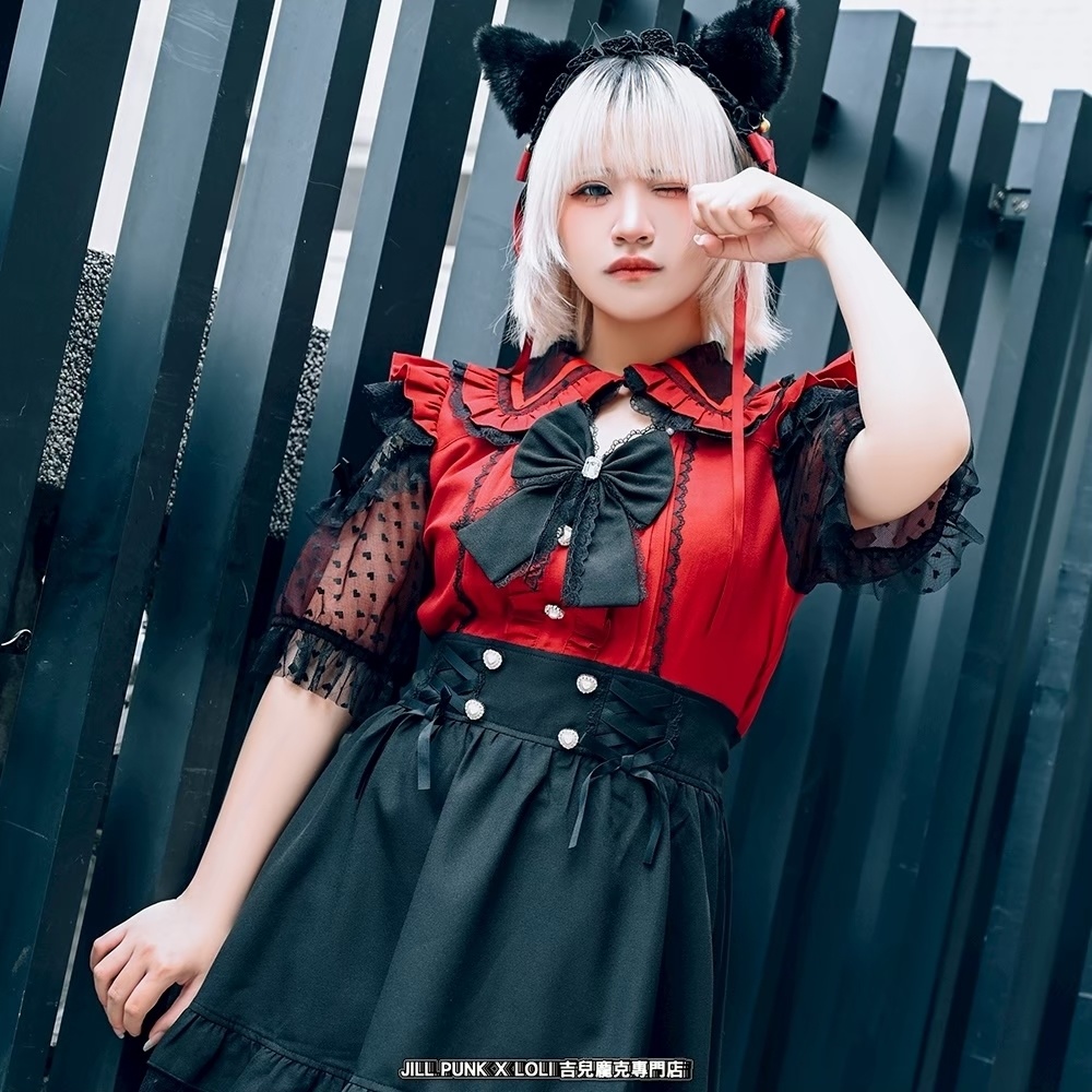 Jillpunk 量産型 ゆめかわ ロリータ アイドル恋心 ハート柄レース リボン付き キーホール 重ね着風 メイド服 フリルヘム 透け透け半袖 シャツワンピースドレス オリジナル 姫系 可愛い おしゃれ ファッション萌え 秋葉原