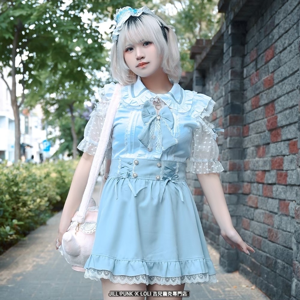 Jillpunk 量産型 ゆめかわ ロリータ アイドル恋心 ハート柄レース リボン付き キーホール 重ね着風 メイド服 フリルヘム 透け透け半袖 シャツワンピースドレス オリジナル 姫系 可愛い おしゃれ ファッション萌え 秋葉原