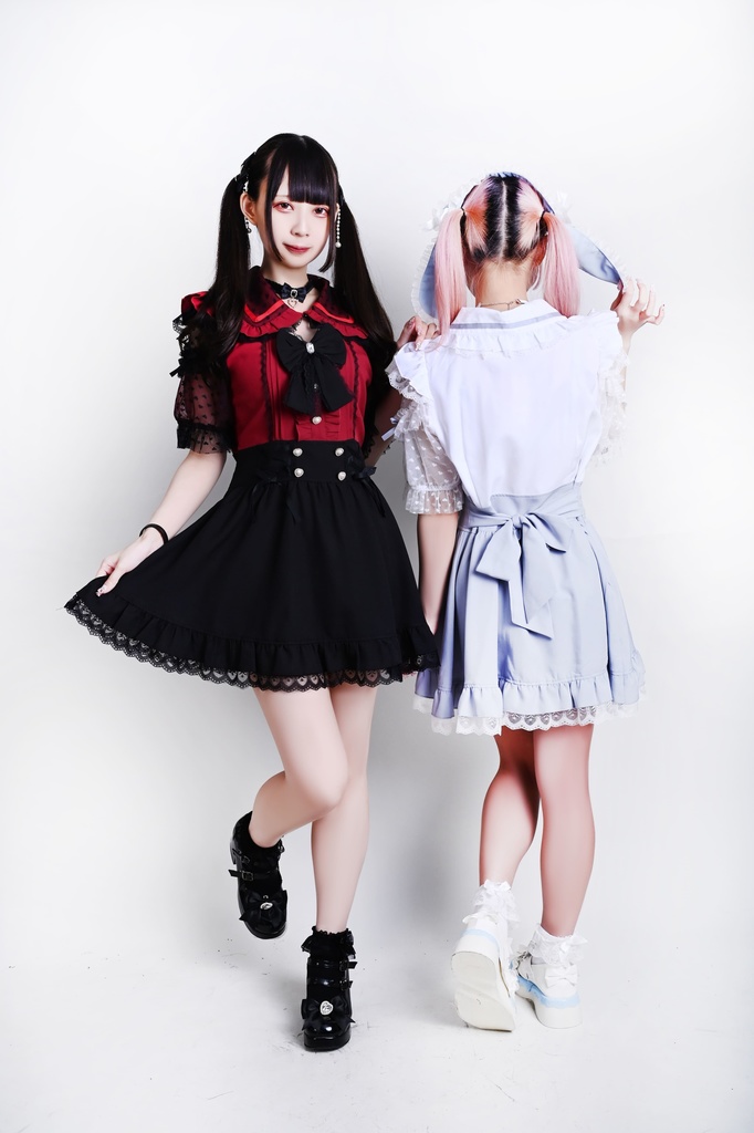 Jillpunk 量産型 ゆめかわ ロリータ アイドル恋心 ハート柄レース リボン付き キーホール 重ね着風 メイド服 フリルヘム 透け透け半袖 シャツワンピースドレス オリジナル 姫系 可愛い おしゃれ ファッション萌え 秋葉原