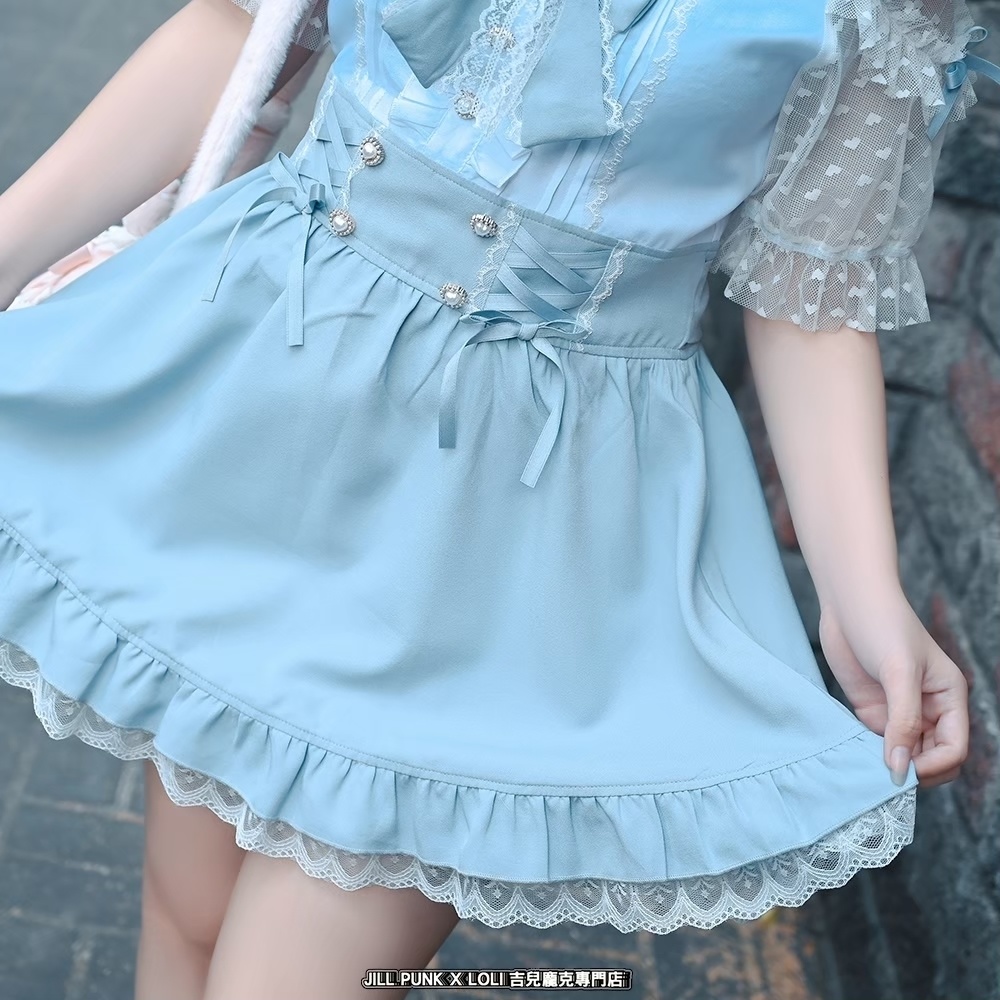 Jillpunk 量産型 ゆめかわ ロリータ アイドル恋心 ハート柄レース リボン付き キーホール 重ね着風 メイド服 フリルヘム 透け透け半袖 シャツワンピースドレス オリジナル 姫系 可愛い おしゃれ ファッション萌え 秋葉原