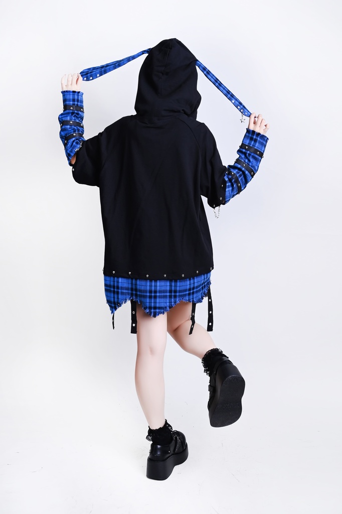 Jillpunk 可愛いパンク ハロウィン 動物 原宿V系 キラー兎 タータンチェック柄 スダッズ細工 フリンジ加工 アームカバー付き ゆったり 半袖 兎耳パーカー オリジナル メンズ レディーズ おしゃれ男女兼用ファッション カッコいい
