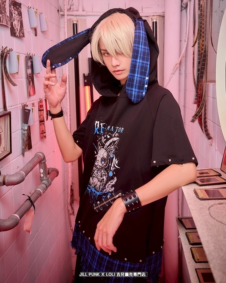 Jillpunk 可愛いパンク ハロウィン 動物 原宿V系 キラー兎 タータンチェック柄 スダッズ細工 フリンジ加工 アームカバー付き ゆったり 半袖 兎耳パーカー オリジナル メンズ レディーズ おしゃれ男女兼用ファッション カッコいい