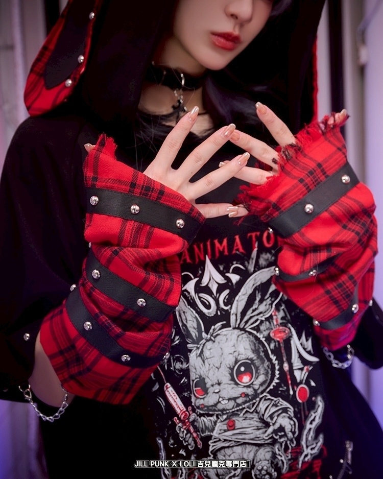 Jillpunk 可愛いパンク ハロウィン 動物 原宿V系 キラー兎 タータンチェック柄 スダッズ細工 フリンジ加工 アームカバー付き ゆったり 半袖 兎耳パーカー オリジナル メンズ レディーズ おしゃれ男女兼用ファッション カッコいい