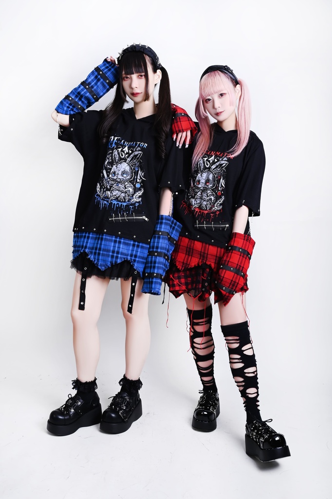 Jillpunk 可愛いパンク ハロウィン 動物 原宿V系 キラー兎 タータンチェック柄 スダッズ細工 フリンジ加工 アームカバー付き ゆったり 半袖 兎耳パーカー オリジナル メンズ レディーズ おしゃれ男女兼用ファッション カッコいい