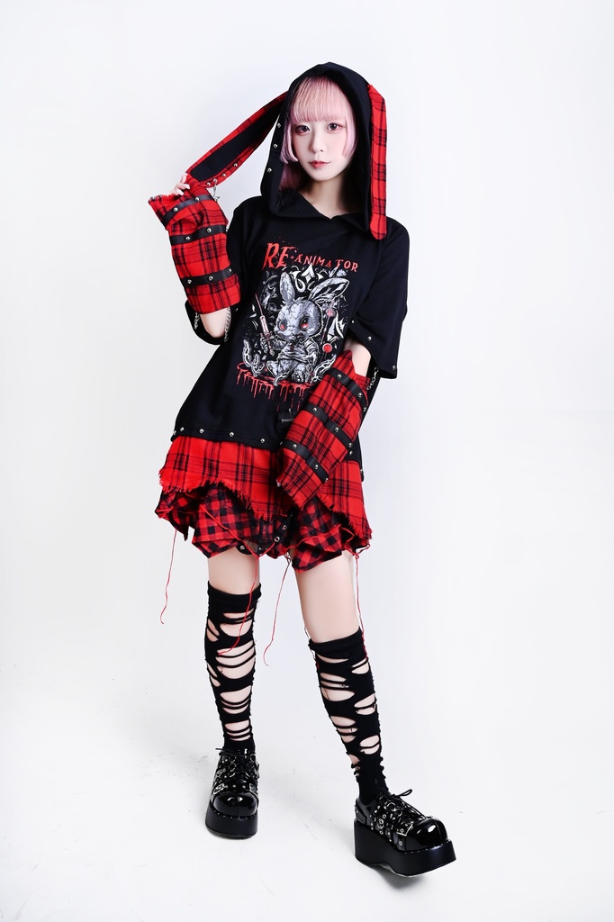 Jillpunk 可愛いパンク ハロウィン 動物 原宿V系 キラー兎 タータンチェック柄 スダッズ細工 フリンジ加工 アームカバー付き ゆったり 半袖 兎耳パーカー オリジナル メンズ レディーズ おしゃれ男女兼用ファッション カッコいい