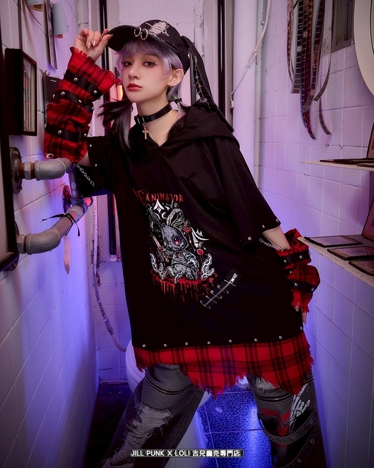 Jillpunk 可愛いパンク ハロウィン 動物 原宿V系 キラー兎 タータンチェック柄 スダッズ細工 フリンジ加工 アームカバー付き ゆったり 半袖 兎耳パーカー オリジナル メンズ レディーズ おしゃれ男女兼用ファッション カッコいい