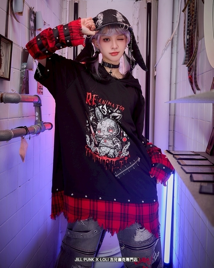 Jillpunk 可愛いパンク ハロウィン 動物 原宿V系 キラー兎 タータンチェック柄 スダッズ細工 フリンジ加工 アームカバー付き ゆったり 半袖 兎耳パーカー オリジナル メンズ レディーズ おしゃれ男女兼用ファッション カッコいい