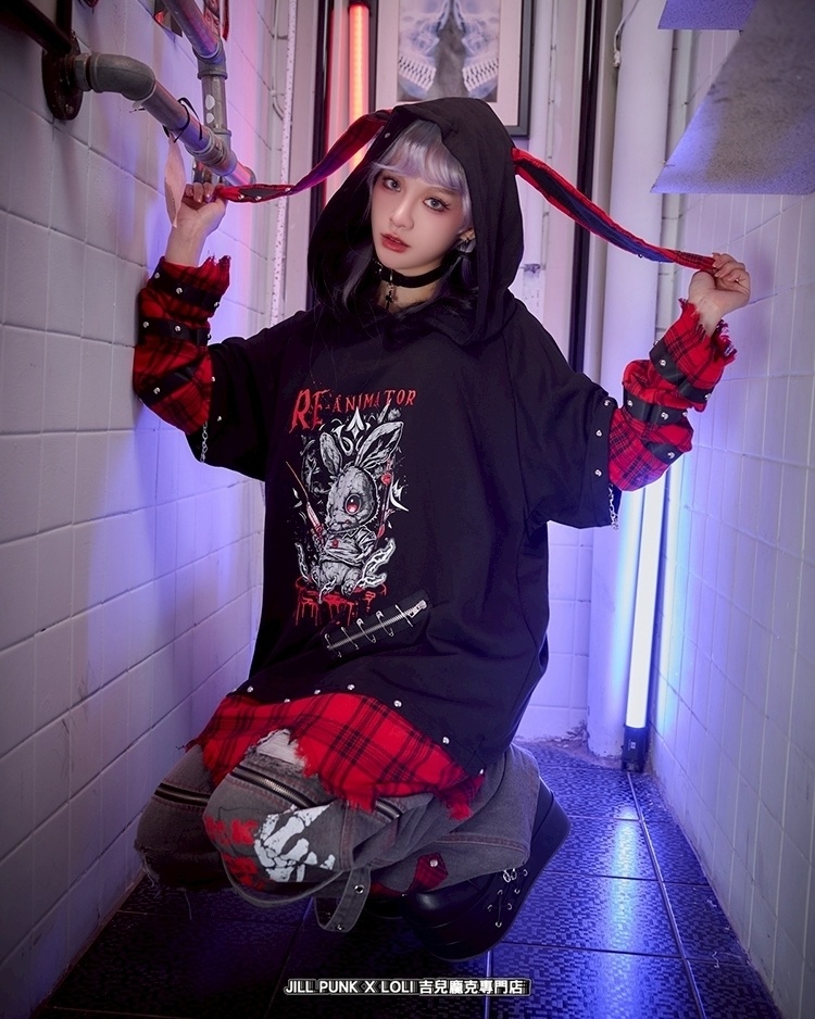 Jillpunk 可愛いパンク ハロウィン 動物 原宿V系 キラー兎 タータンチェック柄 スダッズ細工 フリンジ加工 アームカバー付き ゆったり 半袖 兎耳パーカー オリジナル メンズ レディーズ おしゃれ男女兼用ファッション カッコいい