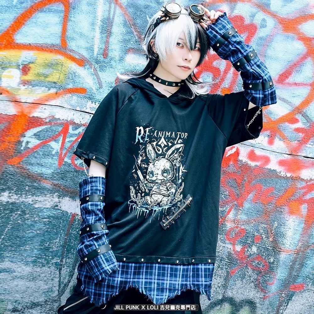 Jillpunk 可愛いパンク ハロウィン 動物 原宿V系 キラー兎 タータンチェック柄 スダッズ細工 フリンジ加工 アームカバー付き ゆったり 半袖 兎耳パーカー オリジナル メンズ レディーズ おしゃれ男女兼用ファッション カッコいい