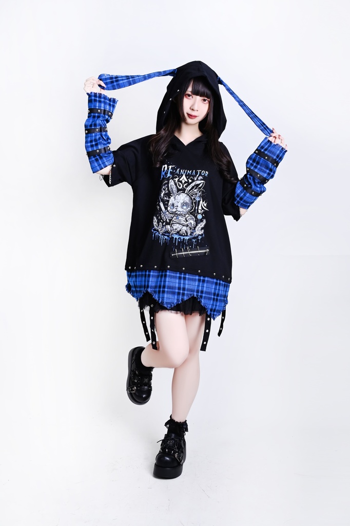 Jillpunk 可愛いパンク ハロウィン 動物 原宿V系 キラー兎 タータンチェック柄 スダッズ細工 フリンジ加工 アームカバー付き ゆったり 半袖 兎耳パーカー オリジナル メンズ レディーズ おしゃれ男女兼用ファッション カッコいい