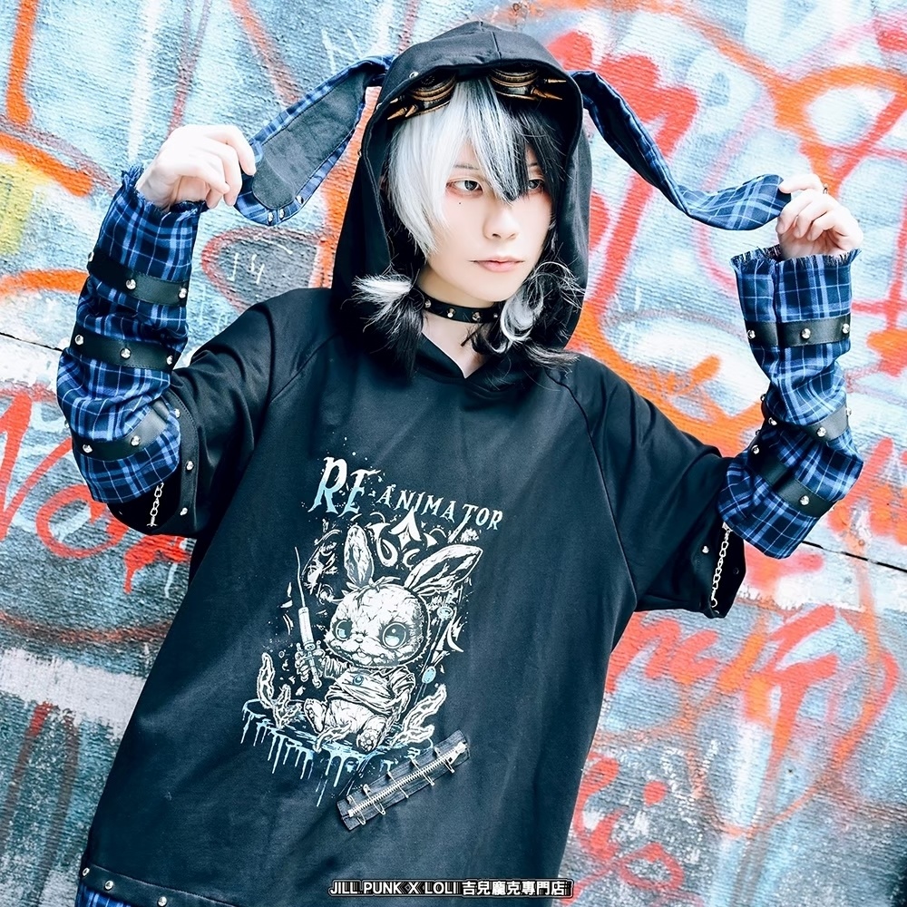 Jillpunk 可愛いパンク ハロウィン 動物 原宿V系 キラー兎 タータンチェック柄 スダッズ細工 フリンジ加工 アームカバー付き ゆったり 半袖 兎耳パーカー オリジナル メンズ レディーズ おしゃれ男女兼用ファッション カッコいい