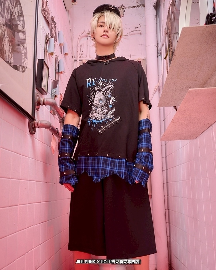 Jillpunk 可愛いパンク ハロウィン 動物 原宿V系 キラー兎 タータンチェック柄 スダッズ細工 フリンジ加工 アームカバー付き ゆったり 半袖 兎耳パーカー オリジナル メンズ レディーズ おしゃれ男女兼用ファッション カッコいい