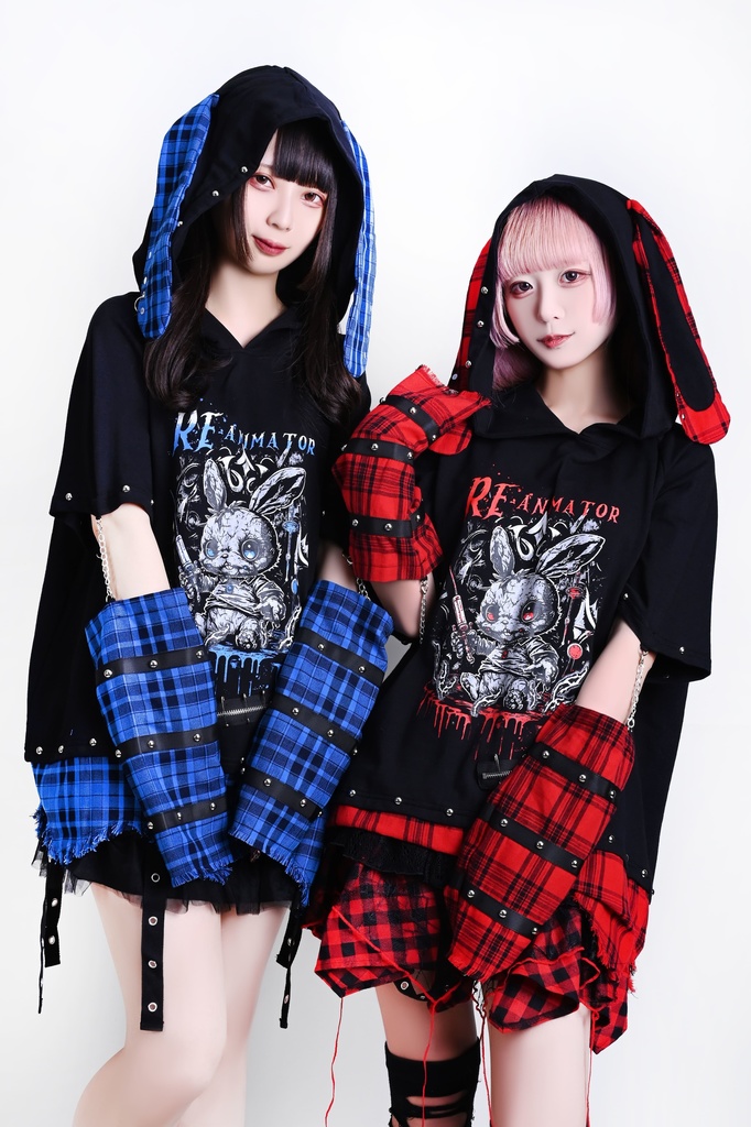 Jillpunk 可愛いパンク ハロウィン 動物 原宿V系 キラー兎 タータンチェック柄 スダッズ細工 フリンジ加工 アームカバー付き ゆったり 半袖 兎耳パーカー オリジナル メンズ レディーズ おしゃれ男女兼用ファッション カッコいい