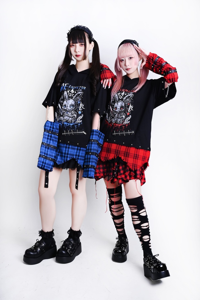 Jillpunk 可愛いパンク ハロウィン 動物 原宿V系 キラー兎 タータンチェック柄 スダッズ細工 フリンジ加工 アームカバー付き ゆったり 半袖 兎耳パーカー オリジナル メンズ レディーズ おしゃれ男女兼用ファッション カッコいい