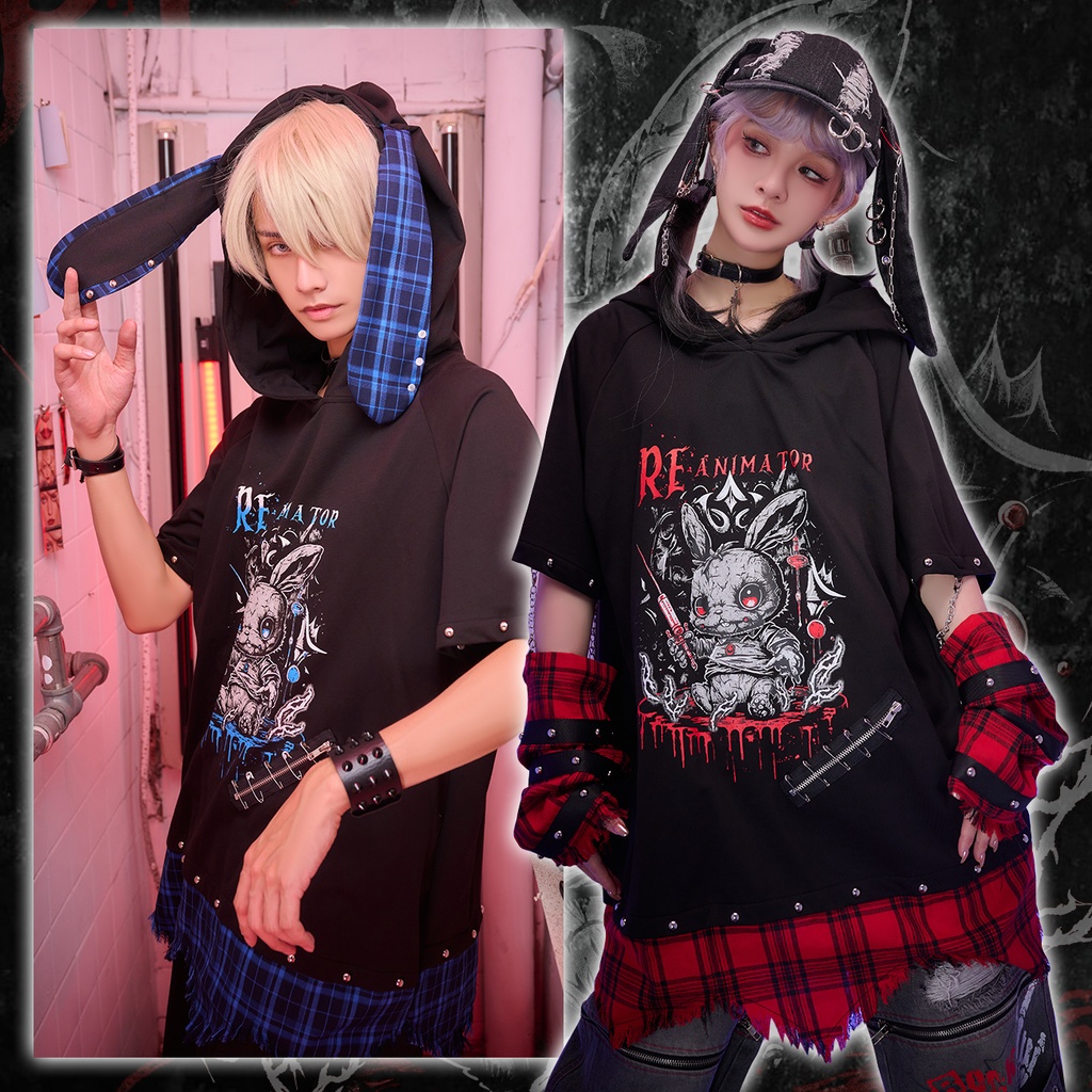 Jillpunk 可愛いパンク ハロウィン 動物 原宿V系 キラー兎 タータンチェック柄 スダッズ細工 フリンジ加工 アームカバー付き ゆったり 半袖 兎耳パーカー オリジナル メンズ レディーズ おしゃれ男女兼用ファッション カッコいい