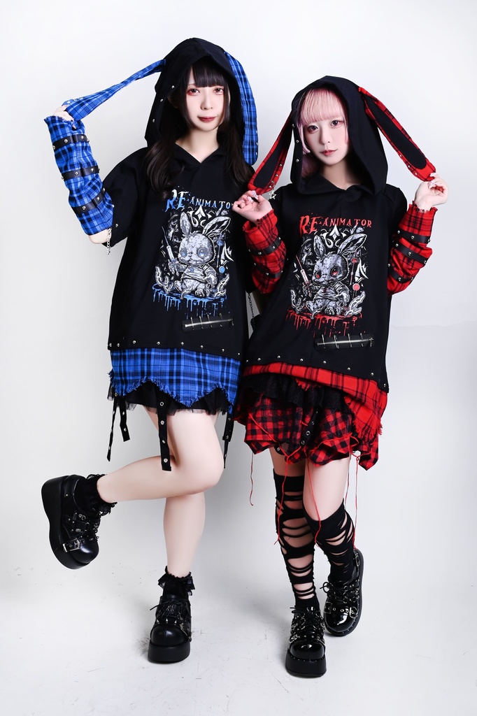 Jillpunk 可愛いパンク ハロウィン 動物 原宿V系 キラー兎 タータンチェック柄 スダッズ細工 フリンジ加工 アームカバー付き ゆったり 半袖 兎耳パーカー オリジナル メンズ レディーズ おしゃれ男女兼用ファッション カッコいい