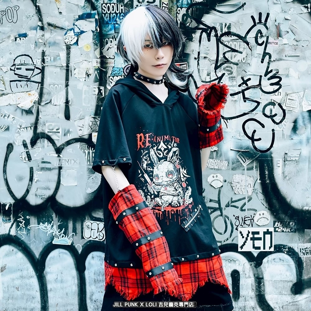 Jillpunk 可愛いパンク ハロウィン 動物 原宿V系 キラー兎 タータンチェック柄 スダッズ細工 フリンジ加工 アームカバー付き ゆったり 半袖 兎耳パーカー オリジナル メンズ レディーズ おしゃれ男女兼用ファッション カッコいい