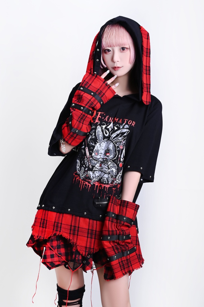 Jillpunk 可愛いパンク ハロウィン 動物 原宿V系 キラー兎 タータンチェック柄 スダッズ細工 フリンジ加工 アームカバー付き ゆったり 半袖 兎耳パーカー オリジナル メンズ レディーズ おしゃれ男女兼用ファッション カッコいい