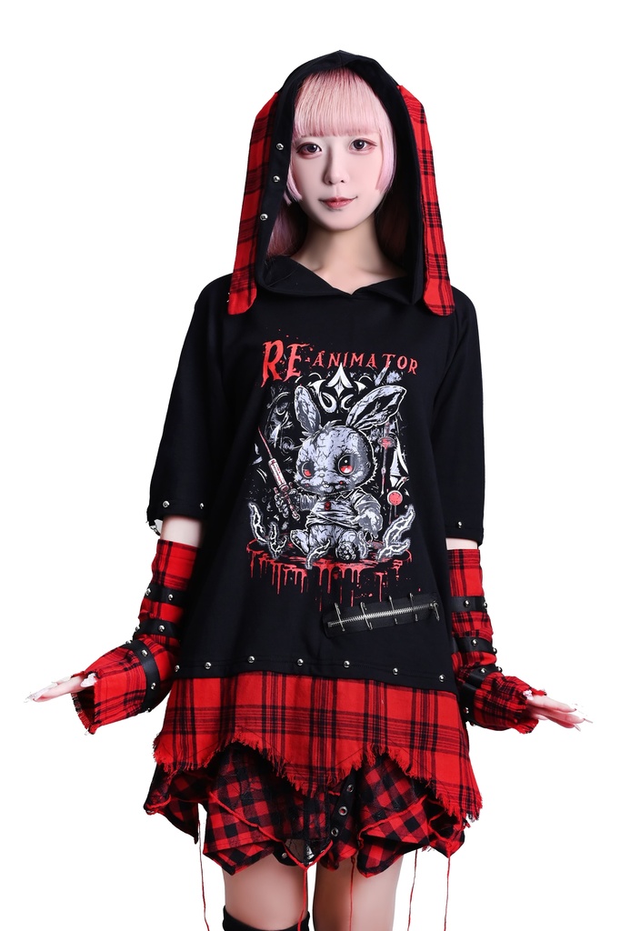 Jillpunk 可愛いパンク ハロウィン 動物 原宿V系 キラー兎 タータンチェック柄 スダッズ細工 フリンジ加工 アームカバー付き ゆったり 半袖 兎耳パーカー オリジナル メンズ レディーズ おしゃれ男女兼用ファッション カッコいい