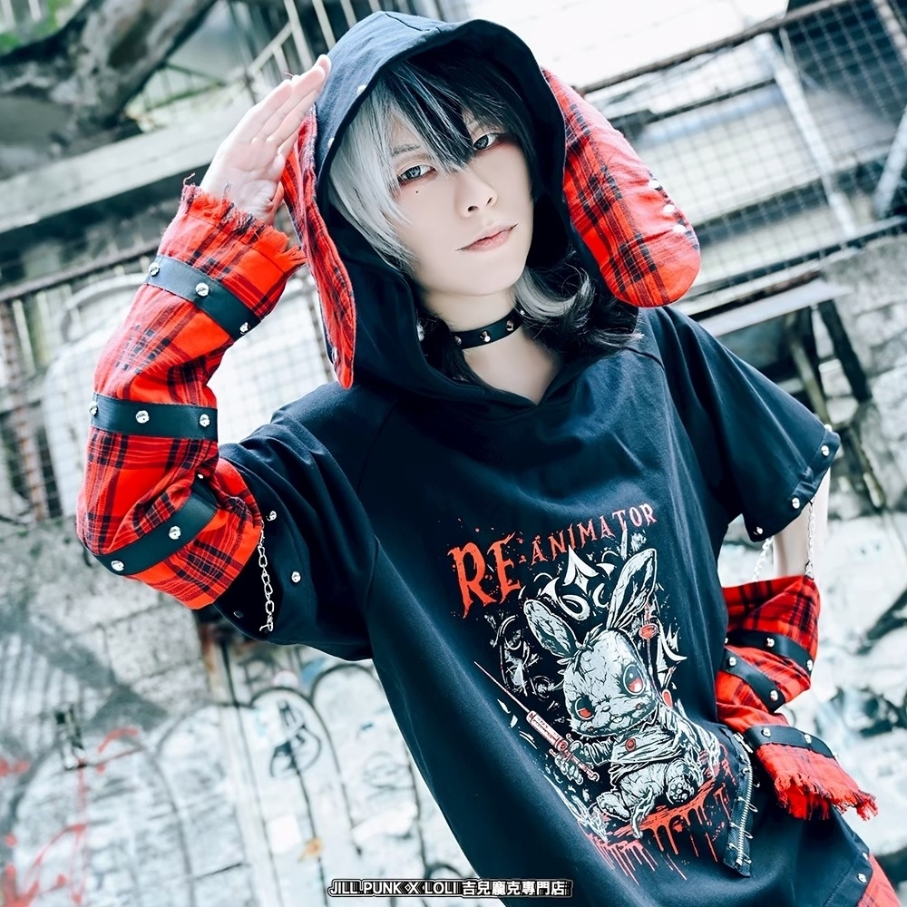 Jillpunk 可愛いパンク ハロウィン 動物 原宿V系 キラー兎 タータンチェック柄 スダッズ細工 フリンジ加工 アームカバー付き ゆったり 半袖 兎耳パーカー オリジナル メンズ レディーズ おしゃれ男女兼用ファッション カッコいい