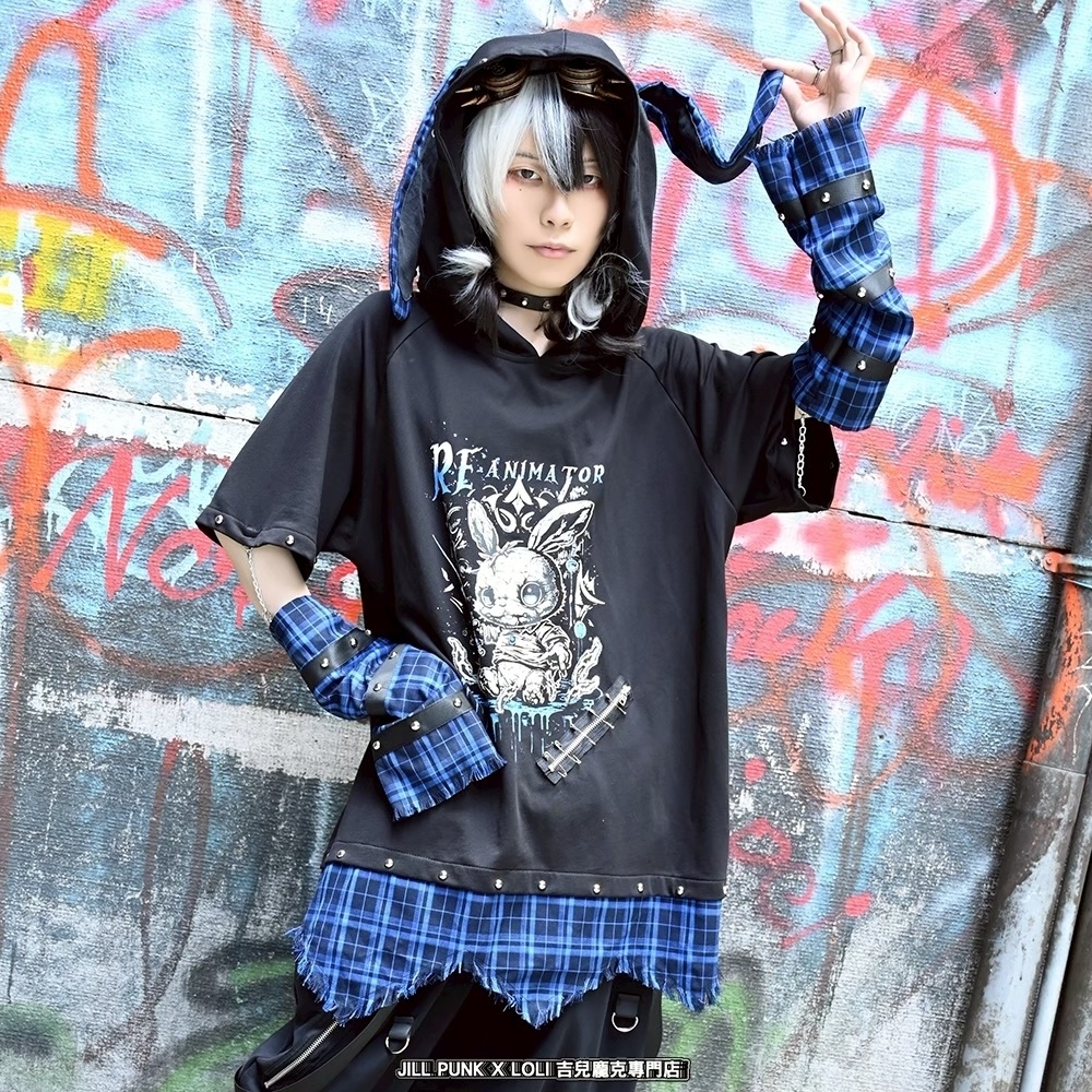 Jillpunk 可愛いパンク ハロウィン 動物 原宿V系 キラー兎 タータンチェック柄 スダッズ細工 フリンジ加工 アームカバー付き ゆったり 半袖 兎耳パーカー オリジナル メンズ レディーズ おしゃれ男女兼用ファッション カッコいい