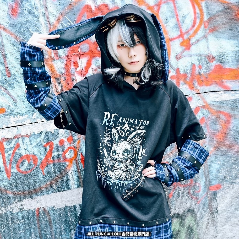 Jillpunk 可愛いパンク ハロウィン 動物 原宿V系 キラー兎 タータンチェック柄 スダッズ細工 フリンジ加工 アームカバー付き ゆったり 半袖 兎耳パーカー オリジナル メンズ レディーズ おしゃれ男女兼用ファッション カッコいい