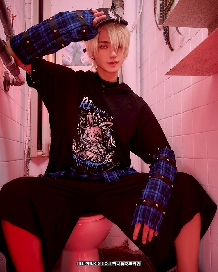 Jillpunk 可愛いパンク ハロウィン 動物 原宿V系 キラー兎 タータンチェック柄 スダッズ細工 フリンジ加工 アームカバー付き ゆったり 半袖 兎耳パーカー オリジナル メンズ レディーズ おしゃれ男女兼用ファッション カッコいい