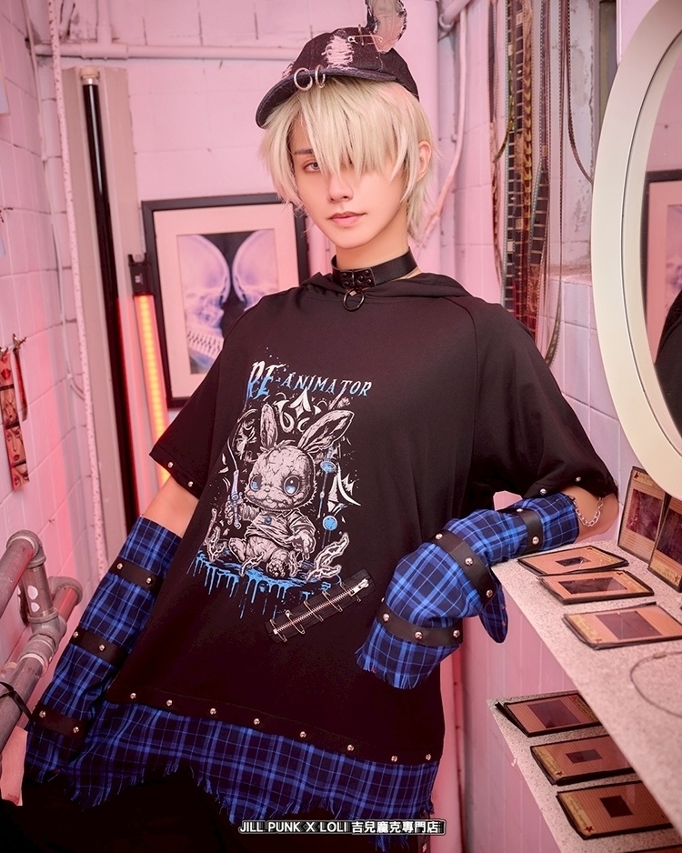 Jillpunk 可愛いパンク ハロウィン 動物 原宿V系 キラー兎 タータンチェック柄 スダッズ細工 フリンジ加工 アームカバー付き ゆったり 半袖 兎耳パーカー オリジナル メンズ レディーズ おしゃれ男女兼用ファッション カッコいい