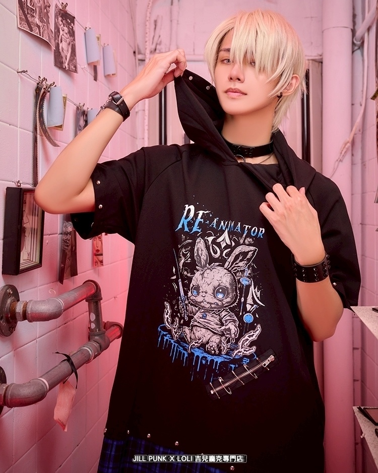 Jillpunk 可愛いパンク ハロウィン 動物 原宿V系 キラー兎 タータンチェック柄 スダッズ細工 フリンジ加工 アームカバー付き ゆったり 半袖 兎耳パーカー オリジナル メンズ レディーズ おしゃれ男女兼用ファッション カッコいい