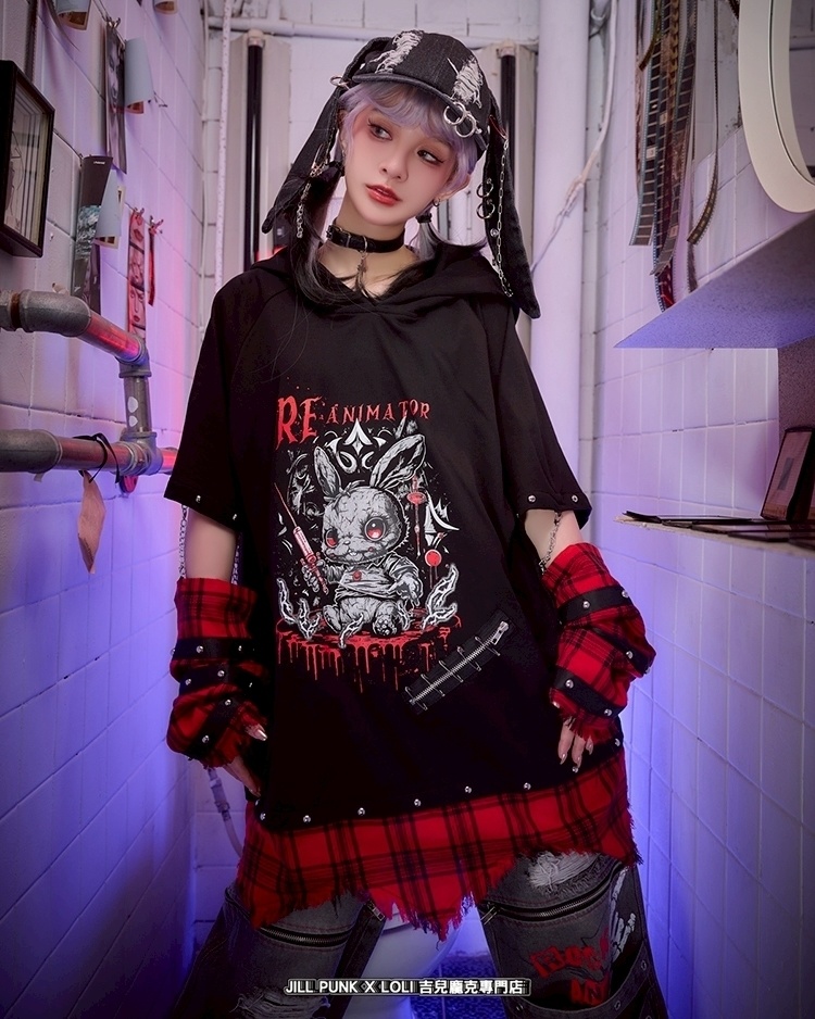 Jillpunk 可愛いパンク ハロウィン 動物 原宿V系 キラー兎 タータンチェック柄 スダッズ細工 フリンジ加工 アームカバー付き ゆったり 半袖 兎耳パーカー オリジナル メンズ レディーズ おしゃれ男女兼用ファッション カッコいい