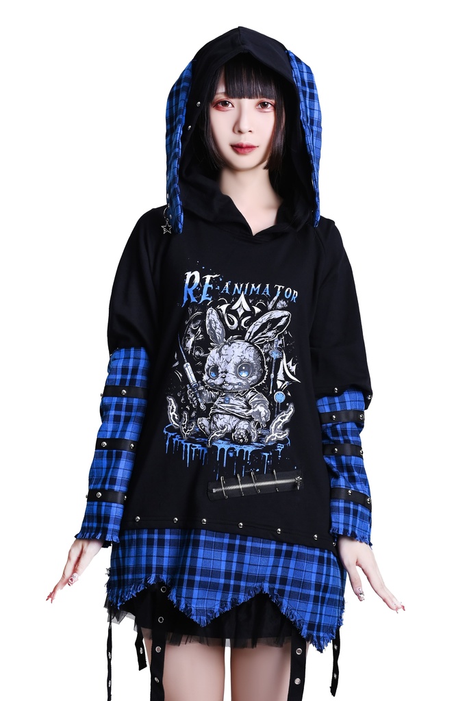 Jillpunk 可愛いパンク ハロウィン 動物 原宿V系 キラー兎 タータンチェック柄 スダッズ細工 フリンジ加工 アームカバー付き ゆったり 半袖 兎耳パーカー オリジナル メンズ レディーズ おしゃれ男女兼用ファッション カッコいい
