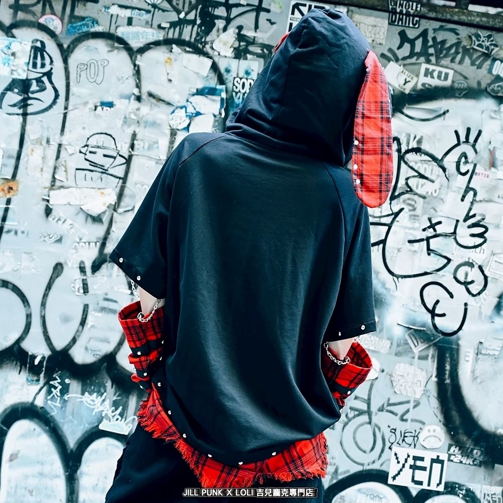 Jillpunk 可愛いパンク ハロウィン 動物 原宿V系 キラー兎 タータンチェック柄 スダッズ細工 フリンジ加工 アームカバー付き ゆったり 半袖 兎耳パーカー オリジナル メンズ レディーズ おしゃれ男女兼用ファッション カッコいい