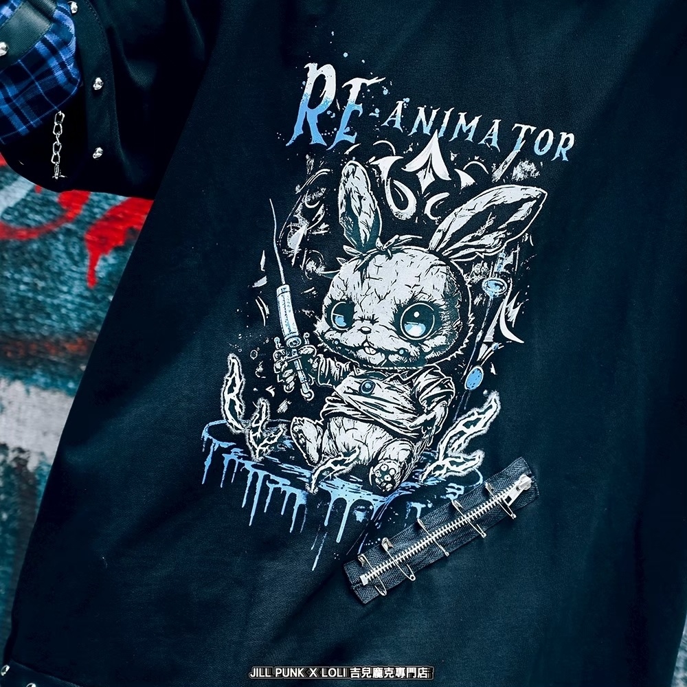 Jillpunk 可愛いパンク ハロウィン 動物 原宿V系 キラー兎 タータンチェック柄 スダッズ細工 フリンジ加工 アームカバー付き ゆったり 半袖 兎耳パーカー オリジナル メンズ レディーズ おしゃれ男女兼用ファッション カッコいい